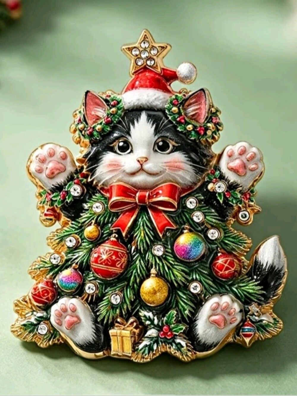 Christmas Pin Cat lover Hanging Ornament Santa Brooch Hat jewelry
